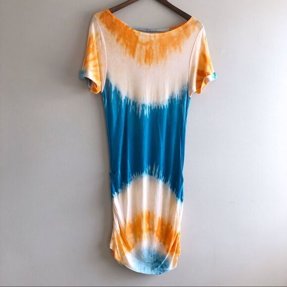 Rachel Roy Tie Dye Summer Short Sleeve Relaxed Draped Bodycon Mini Dress Orange - Picture 1 of 11